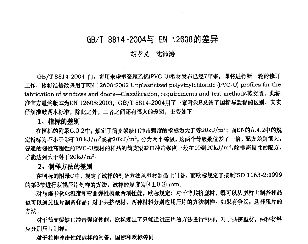 GB_T 8814-2004与EN 12608的差异 - 2012年全国塑料门窗行业年会