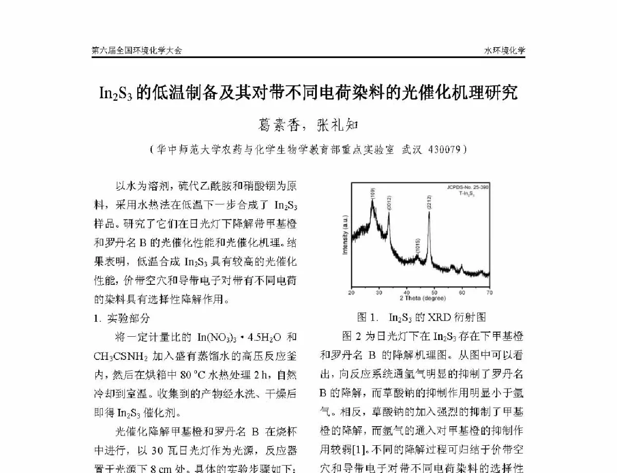 In2S3的低温制备及其对带不同电荷染料的光催化机理研究 - 第六届全国环境化学学术大会