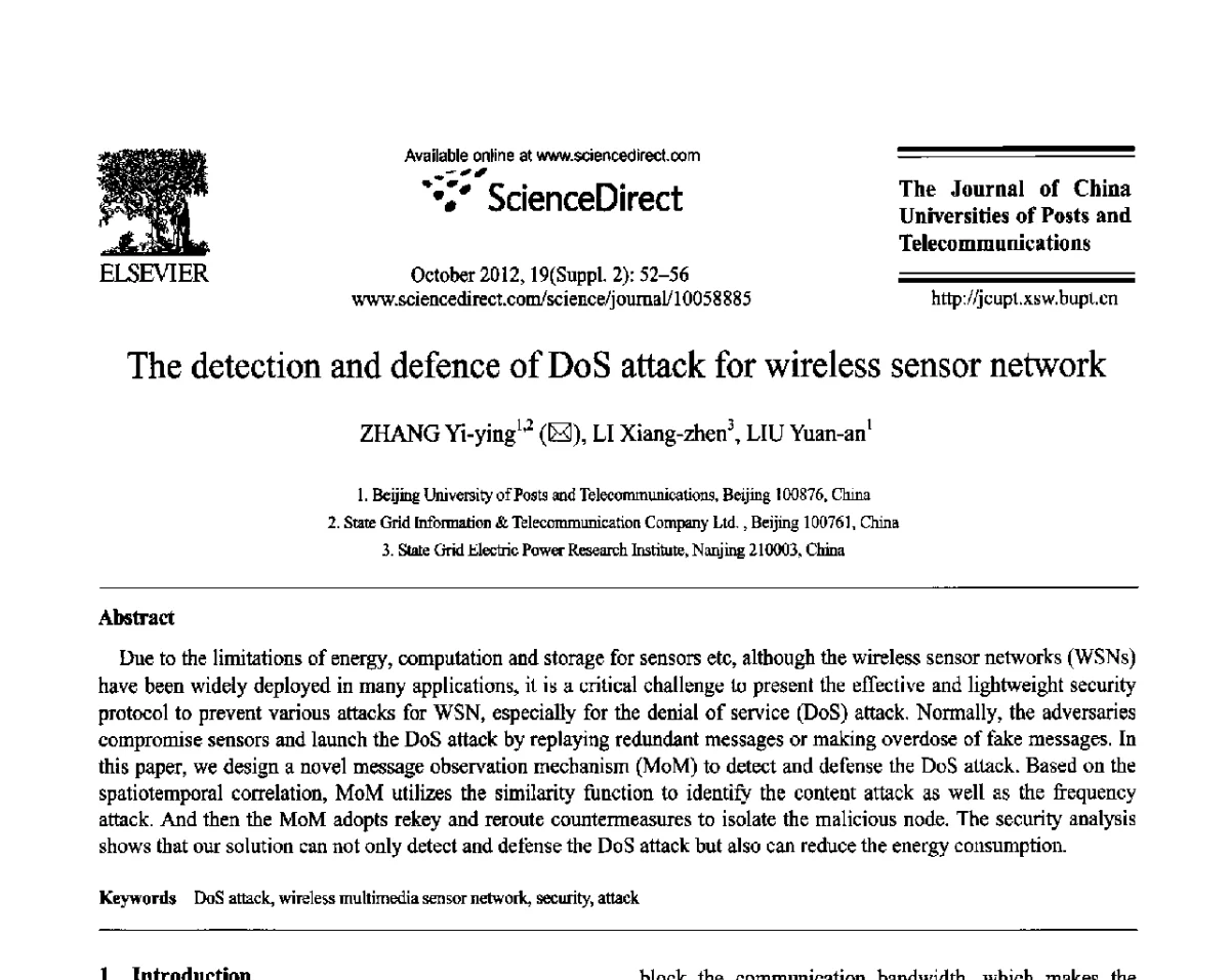 The detection and defence of DoS attack for wireless sensor network - 第六届中国传感器网络学术会议(CWSN 2012)
