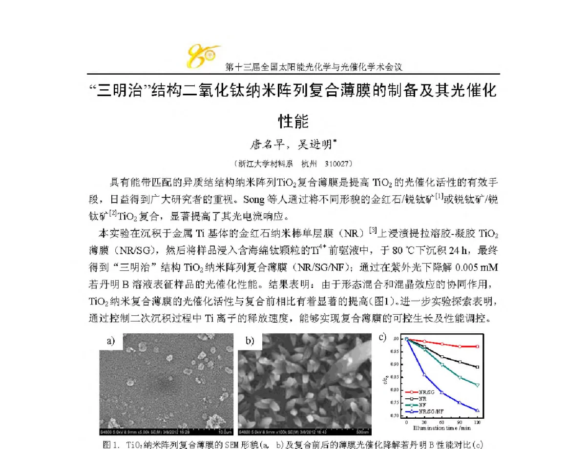 “三明治”结构二氧化钛纳米阵列复合薄膜的制备及其光催化性能 - 第十三届全国太阳能光化学与光催化学术会议