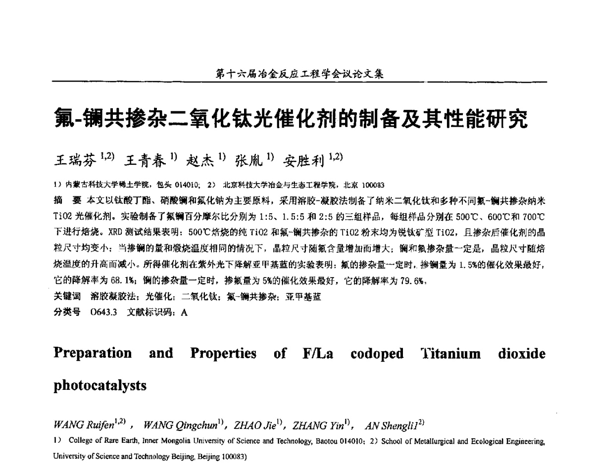 氟-镧共掺杂二氧化钛光催化剂的制备及其性能研究 - 第十六届冶金反应工程学会议