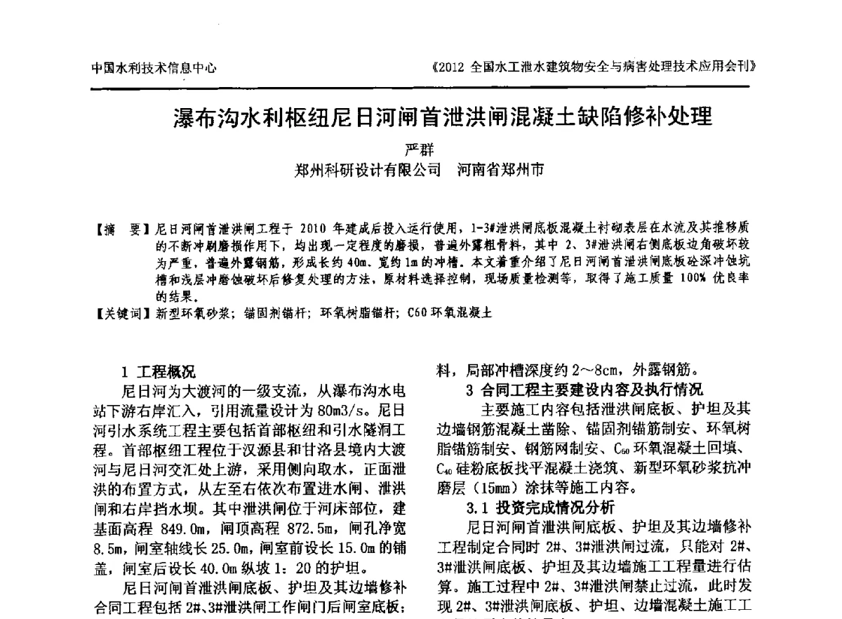 瀑布沟水利枢纽尼日河闸首泄洪闸混凝土缺陷修补处理 - 2012全国水工泄水建筑物安全与病害处理技术交流研讨会