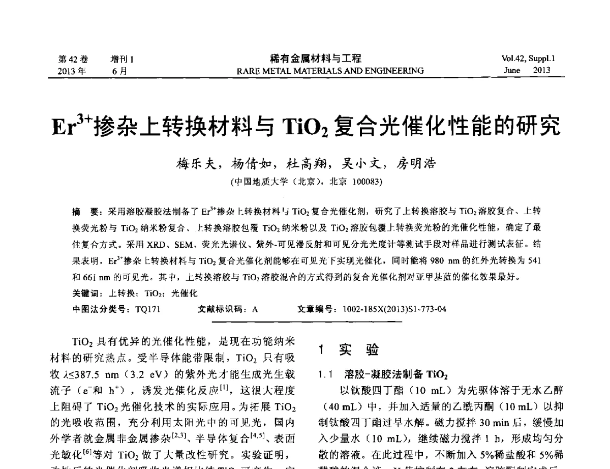 Er3+掺杂上转换材料与TiO2复合光催化性能的研究 - 第十七届全国高技术陶瓷学术年会