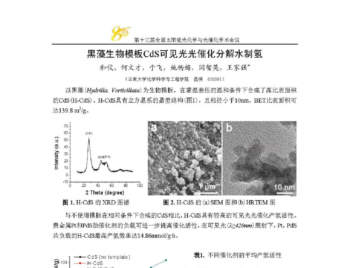 黑藻生物模板CdS可见光光催化分解水制氢 - 第十三届全国太阳能光化学与光催化学术会议