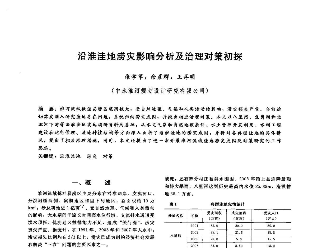沿淮洼地涝灾影响分析及治理对策初探 - 第十六届海峡两岸水利科技交流研讨会