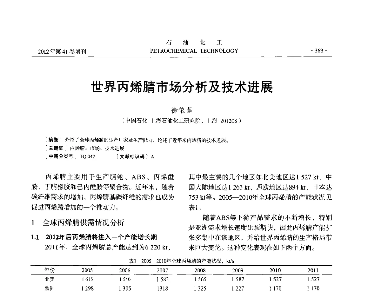 世界丙烯腈市场分析及技术进展 - 中国化工学会2012年石油化工学术年会