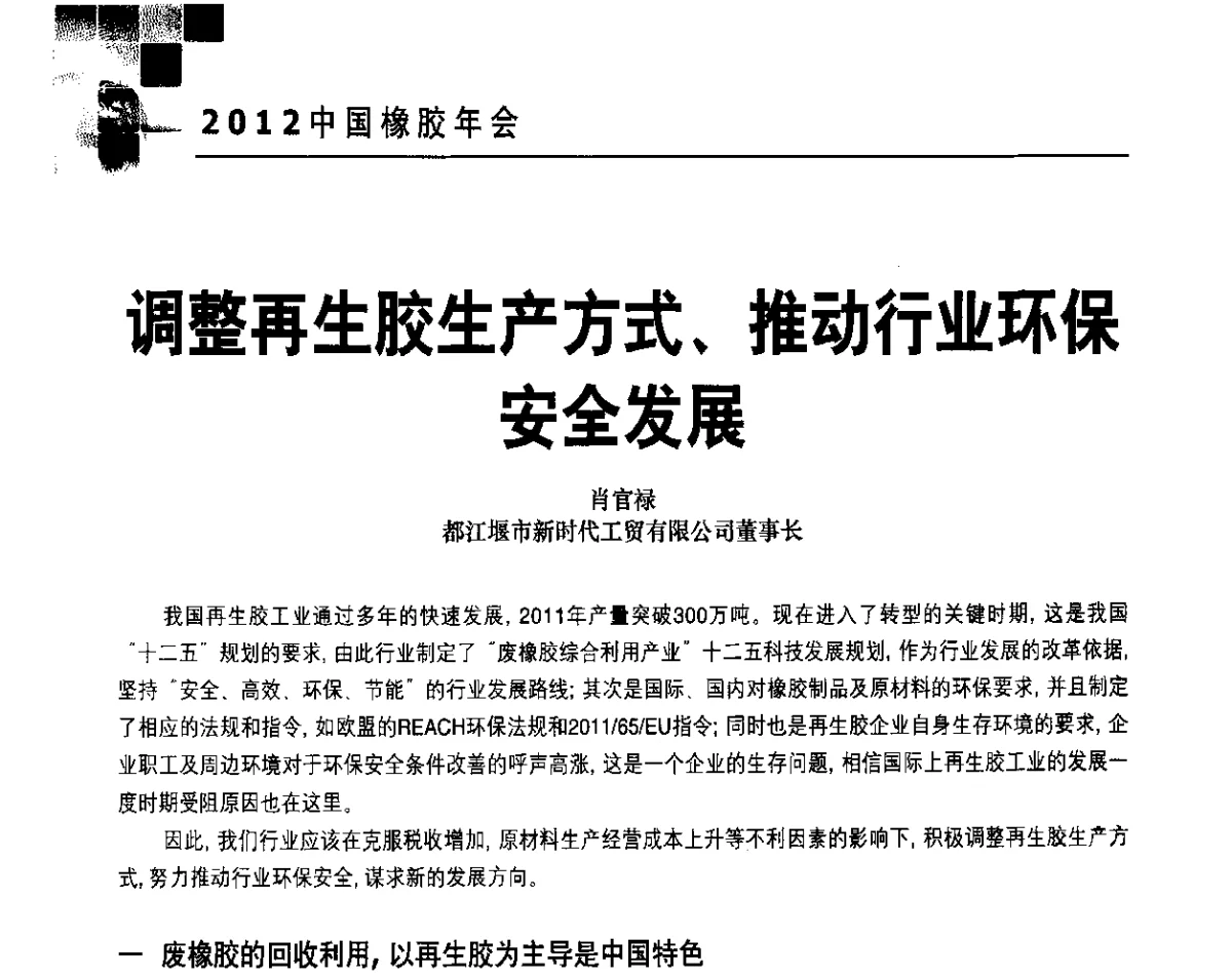 调整再生胶生产方式、推动行业环保安全发展 - 2012中国橡胶年会