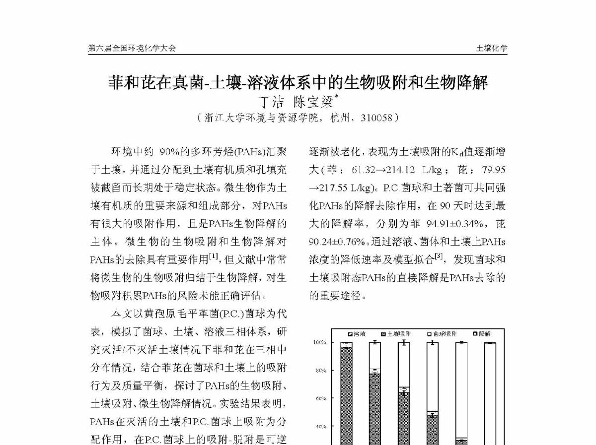 菲和芘在真菌-土壤-溶液体系中的生物吸附和生物降解 - 第六届全国环境化学学术大会