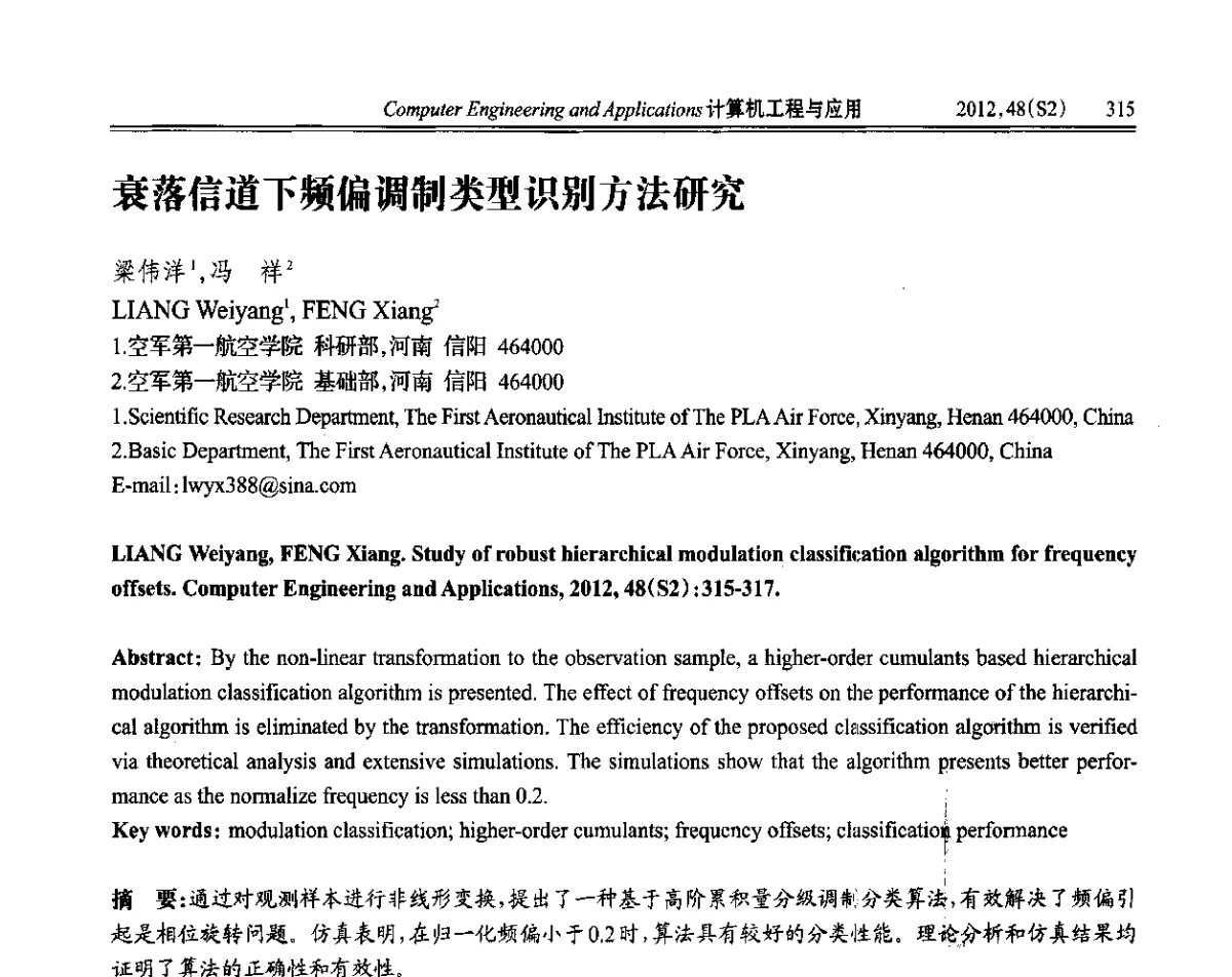 衰落信道下频偏调制类型识别方法研究 - 第六届全国信号和智能信息处理与应用学术会议