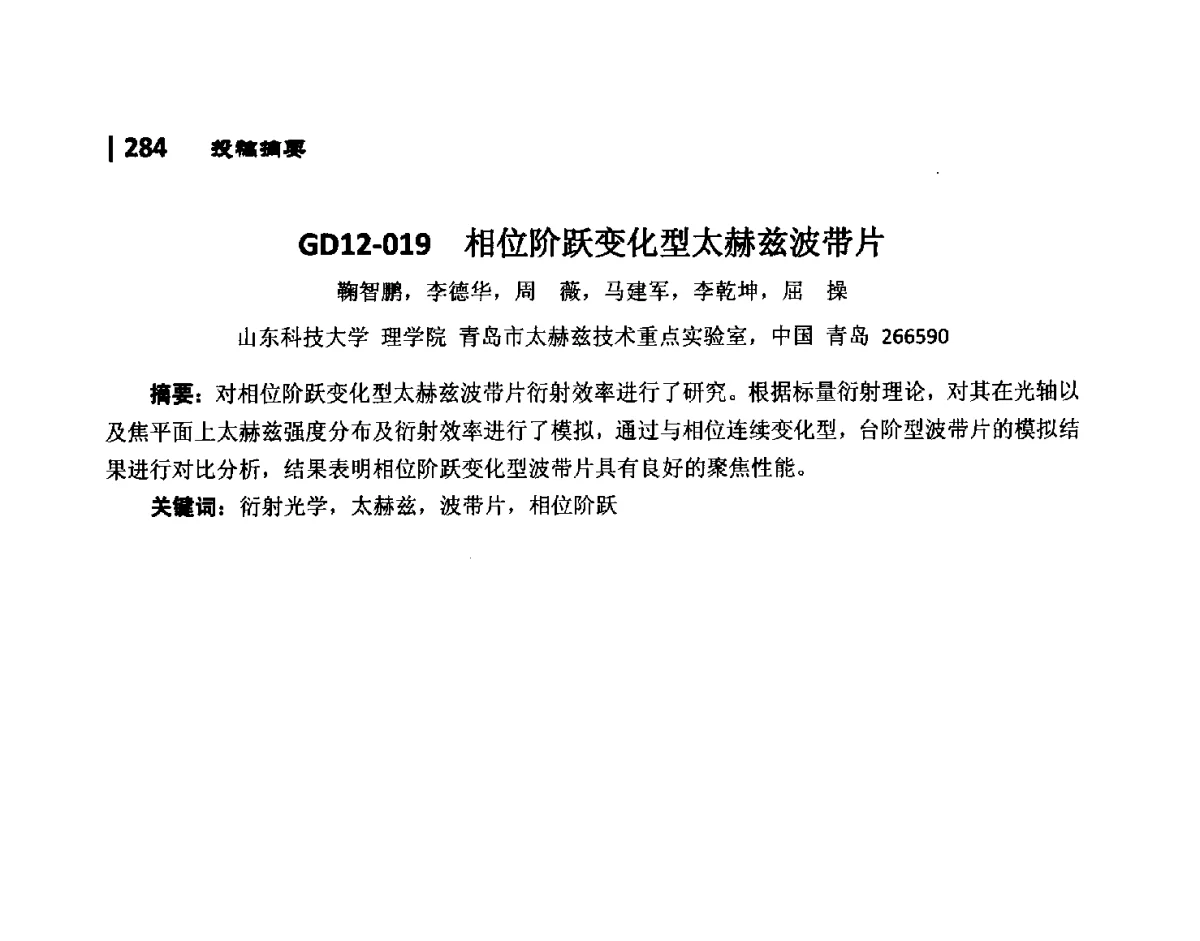 GD12-019相位阶跃变化型太赫兹波带片 - 第10届全国光电技术学术交流会