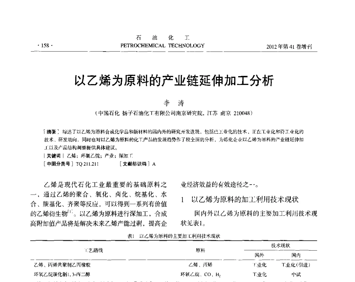 以乙烯为原料的产业链延伸加工分析 - 中国化工学会2012年石油化工学术年会