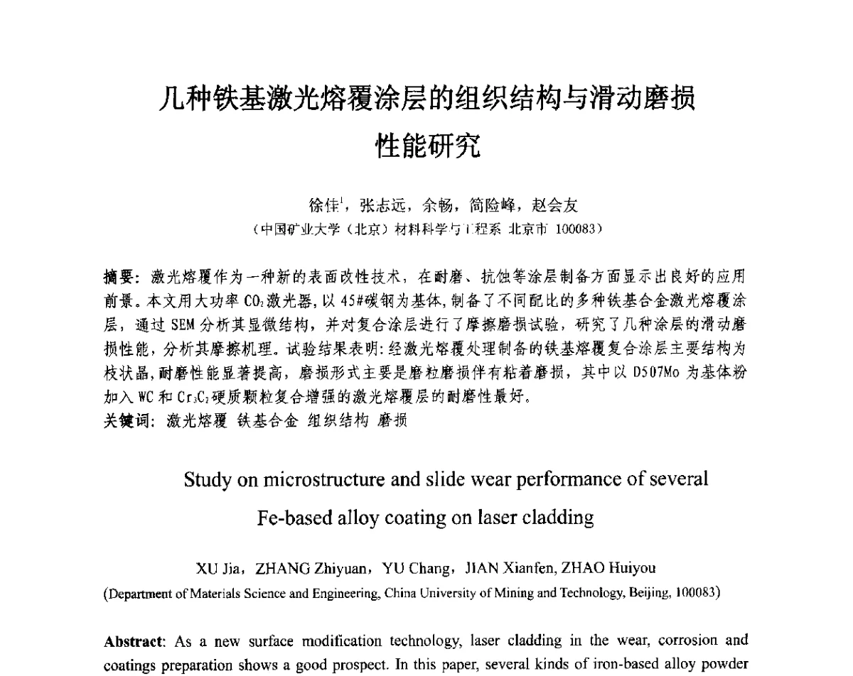 几种铁基激光熔覆涂层的组织结构与滑动磨损性能研究 - 第十三届全国耐磨材料大会