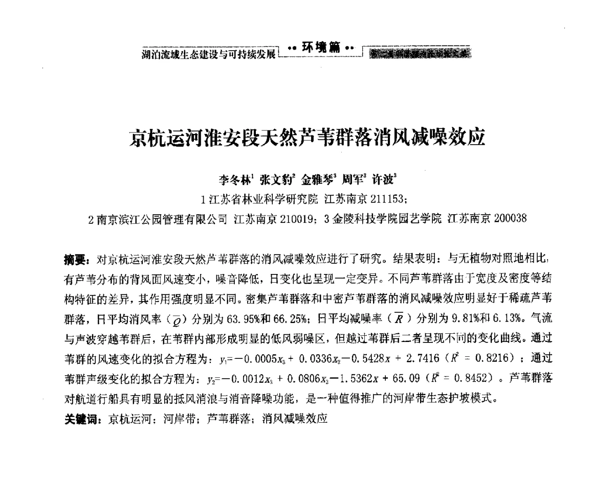 京杭运河淮安段天然芦苇群落消风减噪效应 - 第二届中国湖泊论坛
