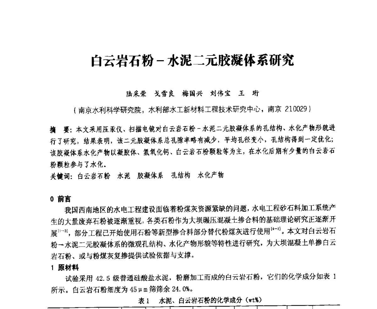 白云岩石粉-水泥二元胶凝体系研究 - 中国水力发电工程学会、中国水利学会2012年度碾压混凝土筑坝技术交流研讨会