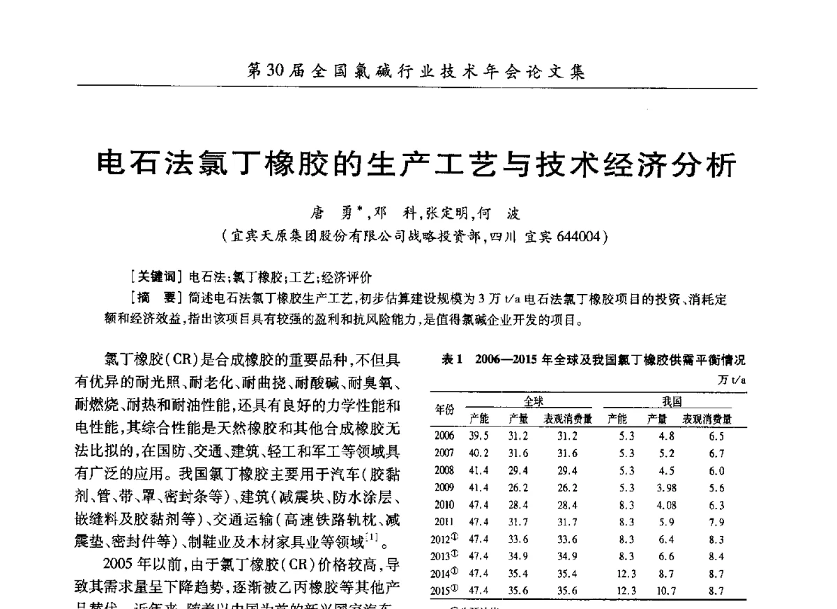 电石法氯丁橡胶的生产工艺与技术经济分析 - 第30届全国氯碱行业技术年会暨第13届“佑利杯”论文交流会