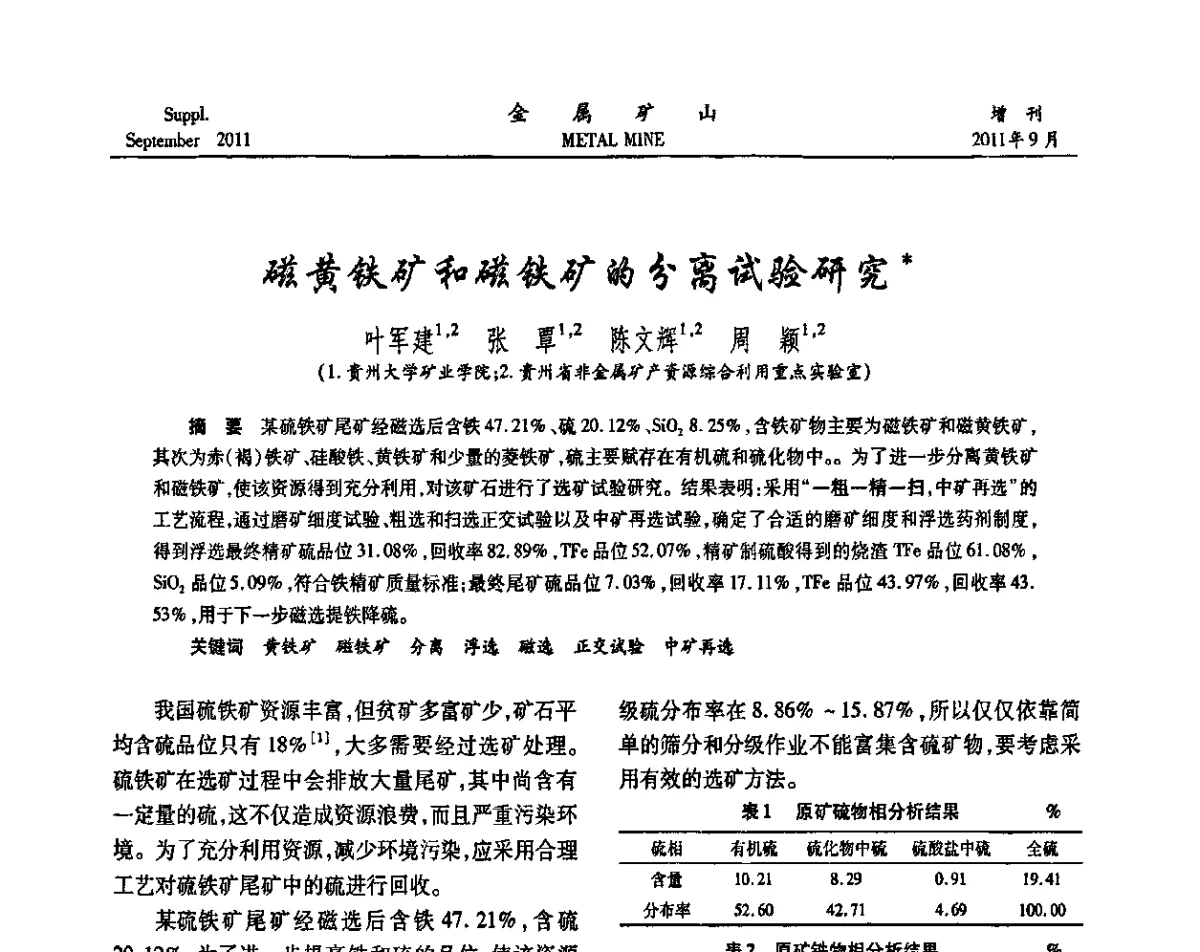 磁黄铁矿和磁铁矿的分离试验研究 - 2011全国选矿学术高层论坛
