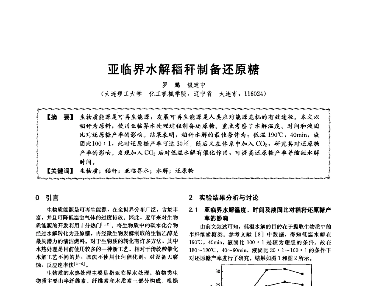 亚临界水解稻秆制备还原糖 - 第十二届全国高等学校过程装备与控制工程专业教学与科研校际交流会