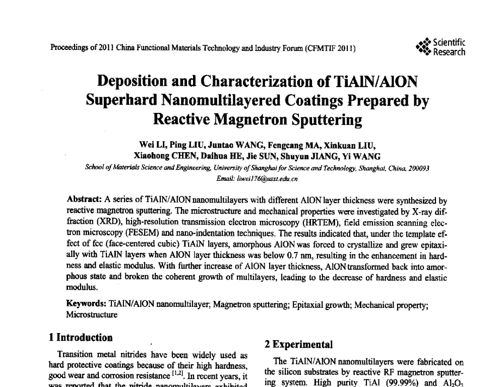 Deposition and Characterization of TiA1N_A1ON Superhard Nanomultilayered Coatings Prepared by Reactive Magnetron Sputtering - 2011中国功能材料科技与产业高层论坛