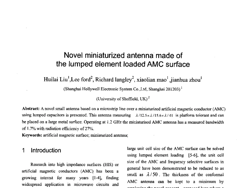 Novel miniaturized antenna made of the lumped element loaded AMC surface - 2013年全国天线年会