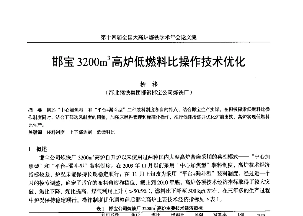 邯宝3200m3高炉低燃料比操作技术优化 - 第十四届全国大高炉炼铁学术年会