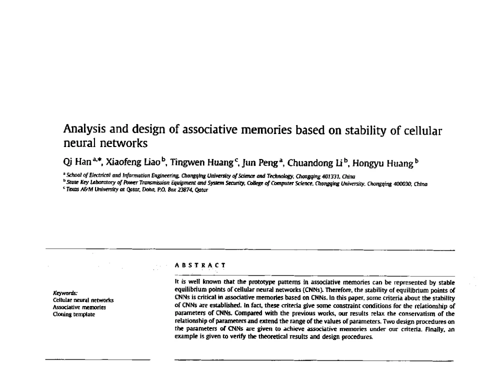 Analysis and design of associative memories based on stability of cellular neural networks - 西南大学2014年全国博士生学术论坛(电子技术与信息科学领域)