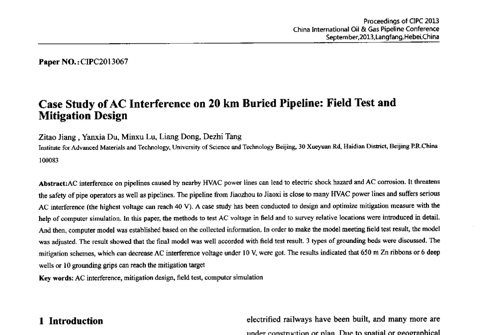 Case Study of AC Interference on 20 km Buried Pipeline_Field Test and Mitigation Design - 2013中国国际管道会议暨第一届中国管道与储罐腐蚀与防护学术交流会