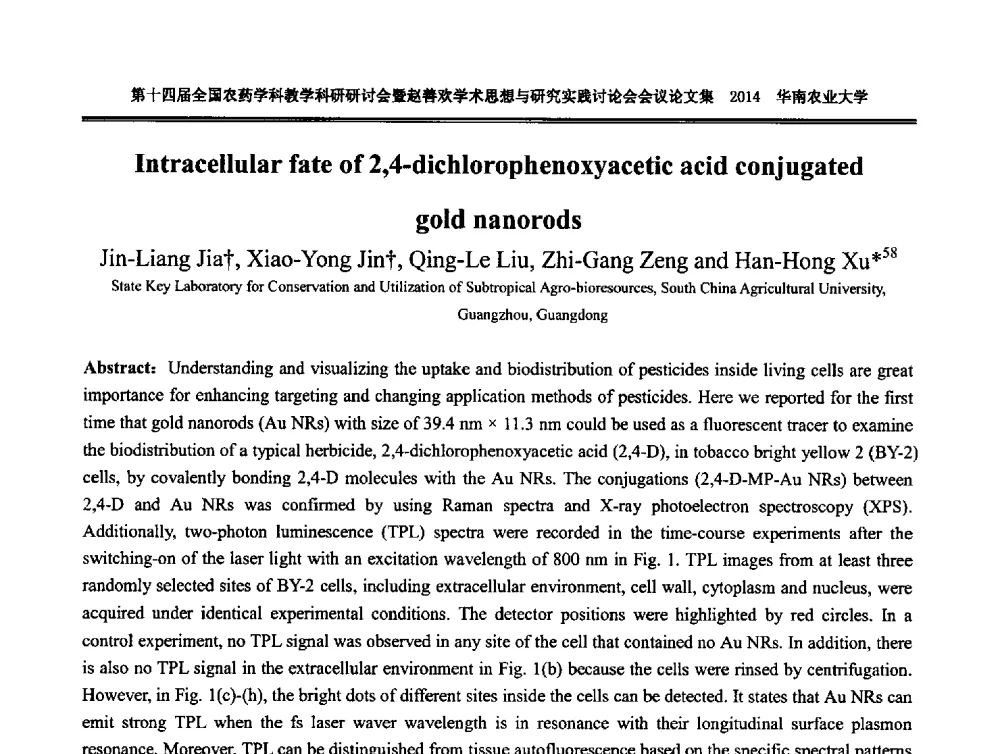 Intracellular fate of 2_4-dichlorophenoxyacetic acid conjugated gold nanorods - 第十四届全国农药学科教育科研研讨会暨赵善欢学术思想与研究实践讨论会