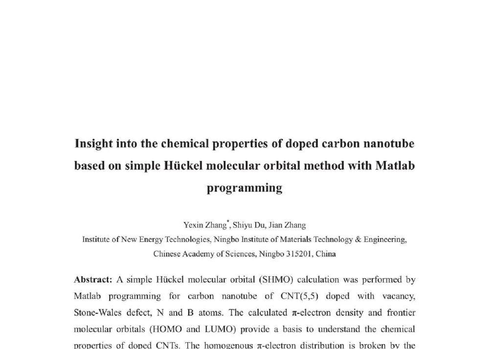 Insight into the chemical properties of doped carbon nanotube based on simple Hckel molecular orbital method with Matlab programming - 2014年全国博士后新材料技术与应用学术论坛