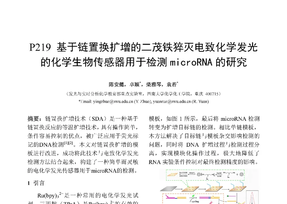 基于链置换扩增的二茂铁猝灭电致化学发光的化学生物传感器用于检测microRNA的研究 - 第十二届全国化学传感器学术会议