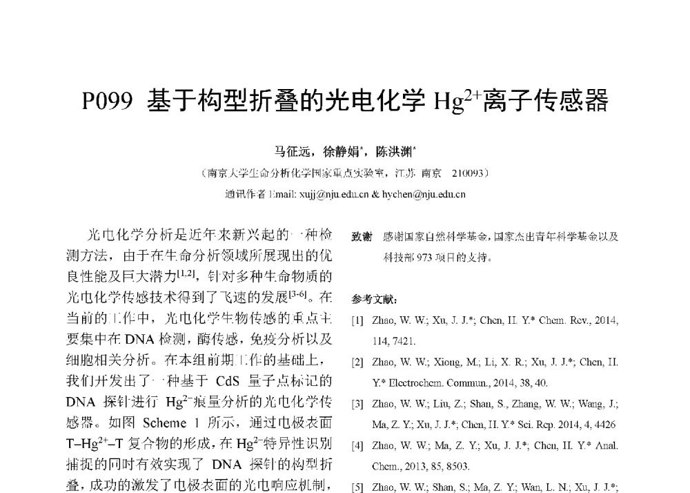 基于构型折叠的光电化学Hg2+离子传感器 - 第十二届全国化学传感器学术会议