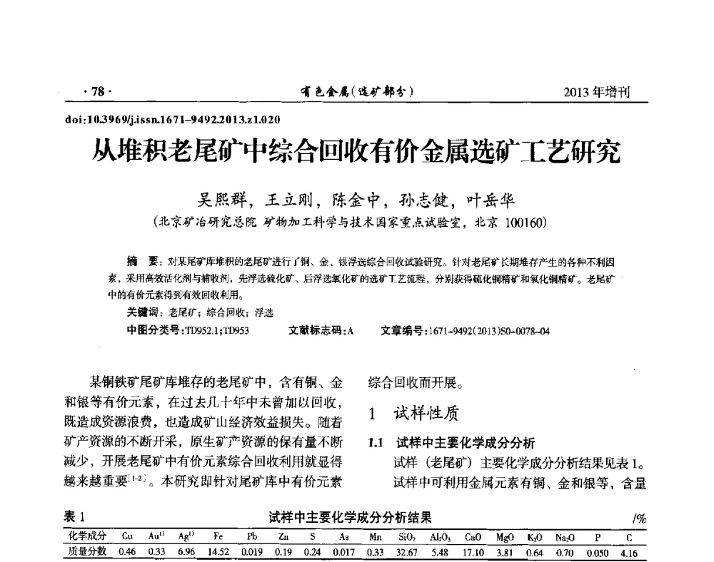 从堆积老尾矿中综合回收有价金属选矿工艺研究 - 第八届全国矿产资源综合利用学术会议