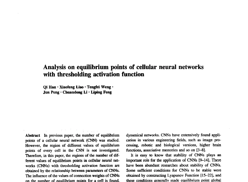 Analysis on equilibrium points of cellular neural networks with thresholding activation function - 西南大学2014年全国博士生学术论坛(电子技术与信息科学领域)
