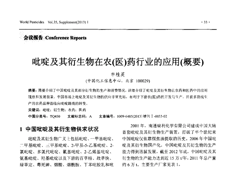 吡啶及其衍生物在农(医)药行业的应用(概要) - 2013中国国际农用化学品高峰论坛暨第五届农药科技与应用发展学术交流会