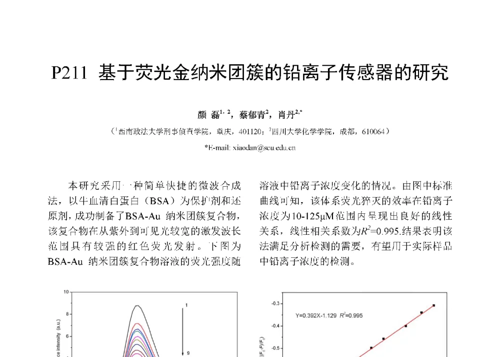 基于荧光金纳米团簇的铅离子传感器的研究 - 第十二届全国化学传感器学术会议