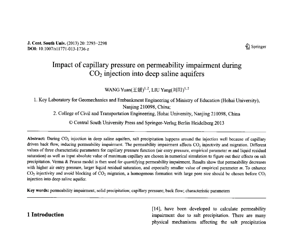 Impact of capillary pressure on permeability impairment during CO2 injection into deep saline aquifers - 第八届全国青年岩土力学与工程会议暨青年华人岩土工程论坛