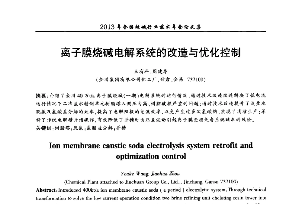 离子膜烧碱电解系统的改造与优化控制 - 2013年全国烧碱行业技术年会