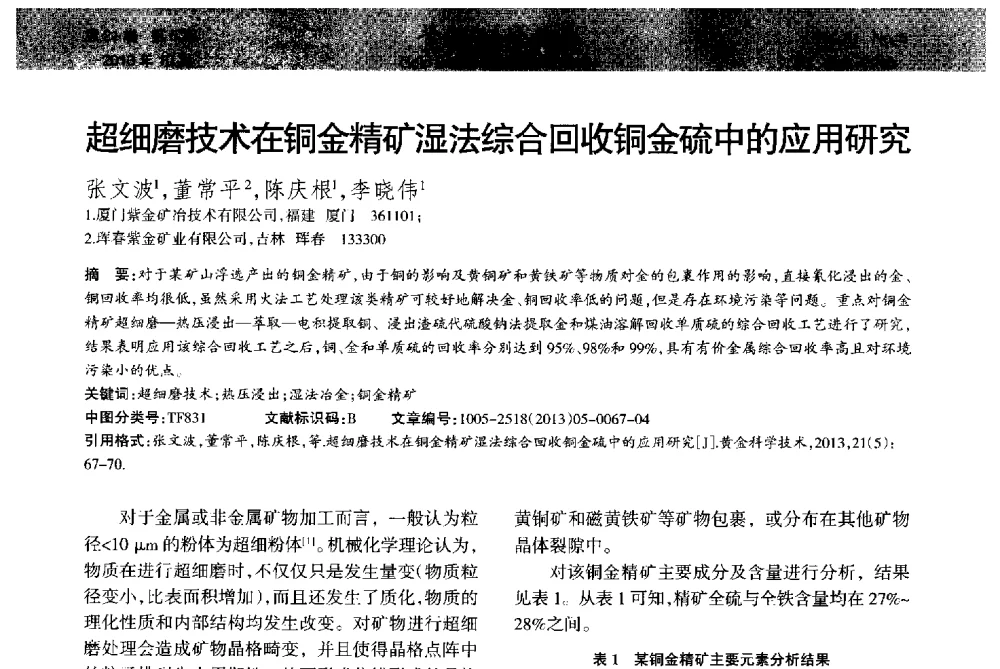 超细磨技术在铜金精矿湿法综合回收铜金硫中的应用研究 - 首届黄金及贵金属关键冶炼技术与装备创新研讨会