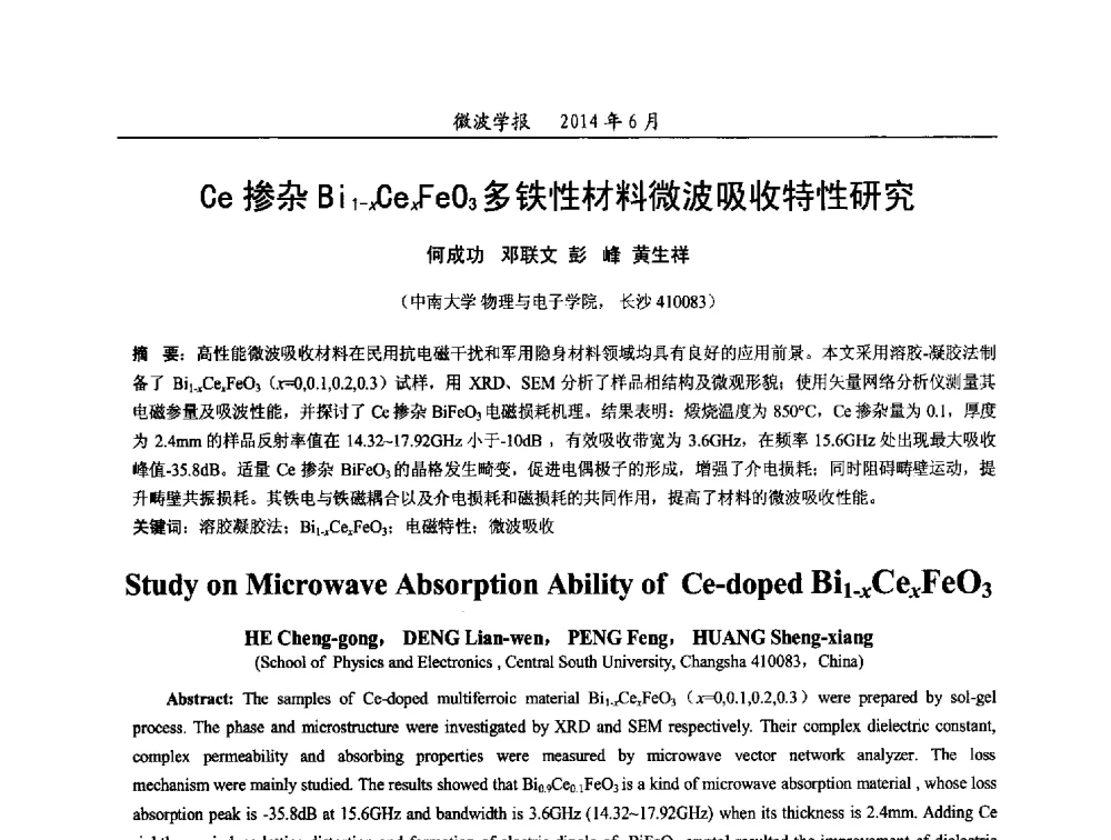 Ce掺杂Bi1-xCexFeO3多铁性材料微波吸收特性研究 - 2014年全国电磁兼容与防护技术学术会议