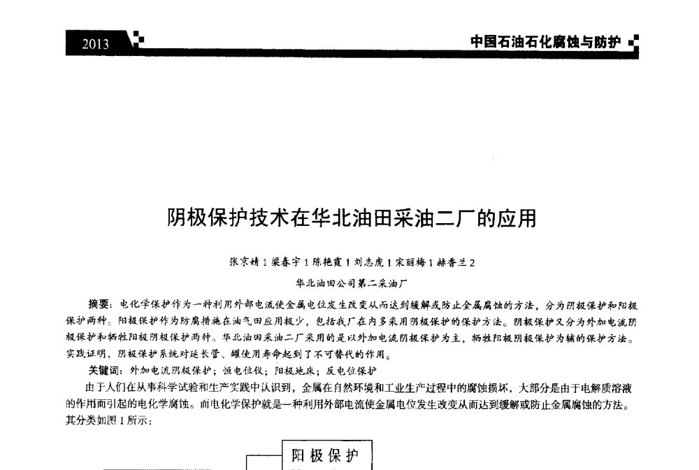 阴极保护技术在华北油田采油二厂的应用 - 2013中国油气田腐蚀与防护技术科技创新大会