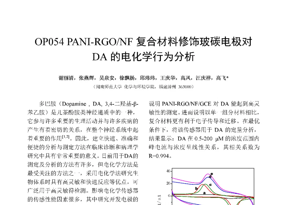 PANI-RGO_NF复合材料修饰玻碳电极对DA的电化学行为分析 - 第十二届全国化学传感器学术会议