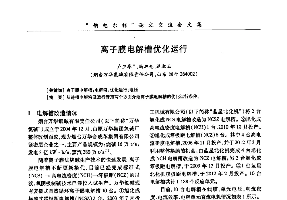 离子膜电解槽优化运行 - 中国化工学会膜极距电解技术研讨会暨“锕电尔杯”论文交流会
