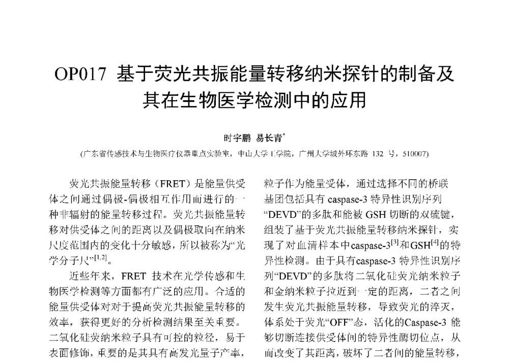 基于荧光共振能量转移纳米探针的制备及其在生物医学检测中的应用 - 第十二届全国化学传感器学术会议