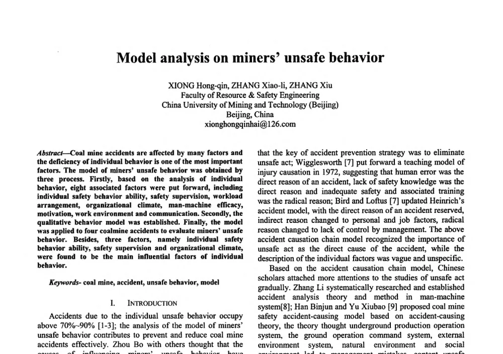 Model analysis on miners unsafe behavior - 第二届行为安全与安全管理国际学术研讨会(《安全管理学》教学方法专题研讨会)