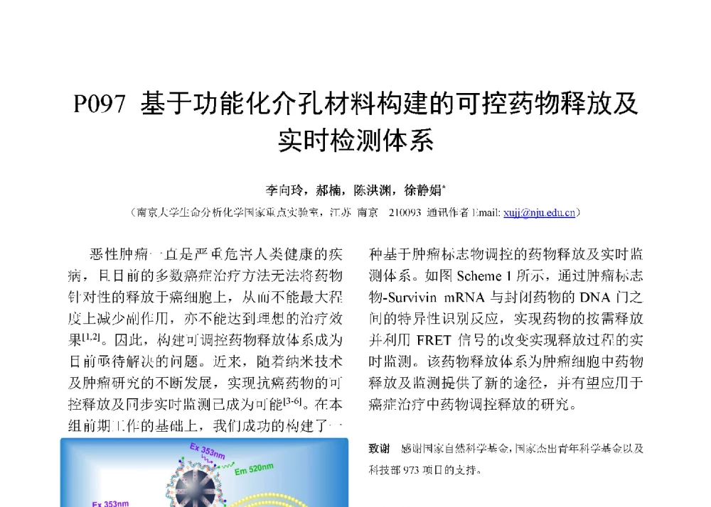 基于功能化介孔材料构建的可控药物释放及实时检测体系 - 第十二届全国化学传感器学术会议