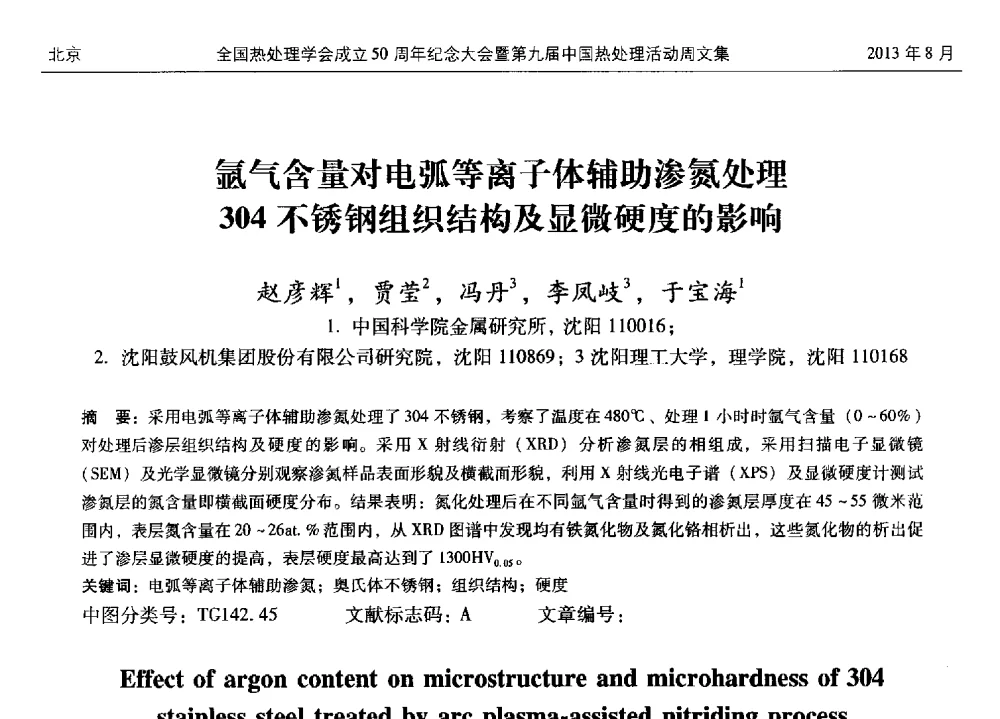 氩气含量对电弧等离子体辅助渗氮处理304不锈钢组织结构及显微硬度的影响 - 全国热处理学会成立50周年纪念大会暨第九届中国热处理活动周