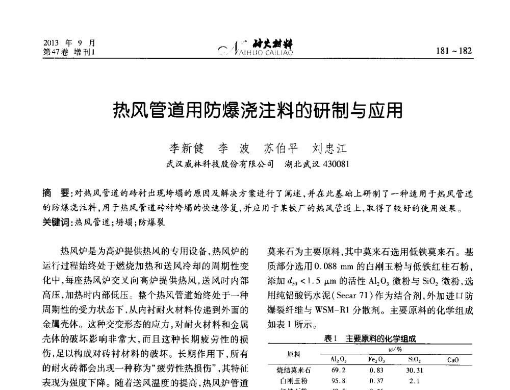 热风管道用防爆浇注料的研制与应用 - 2013耐火材料综合学术会议、第十二届全国不定形耐火材料学术会议、2013耐火原料学术交流会
