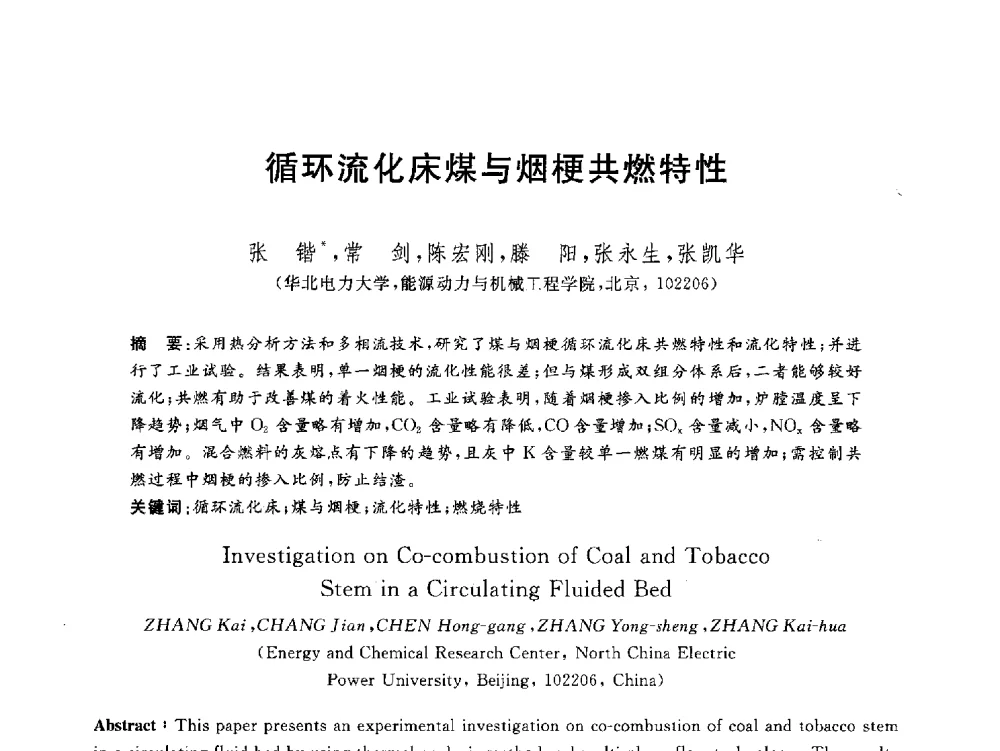 循环流化床煤与烟梗共燃特性 - 2012动力工程青年学术论坛(中国动力工程学会动力工程青年学术论坛暨第五届青年学术年会)