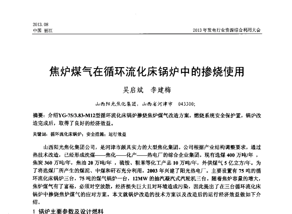 焦炉煤气在循环流化床锅炉中的掺烧使用 - 中国资源综合利用协会2013年发电行业资源综合利用大会