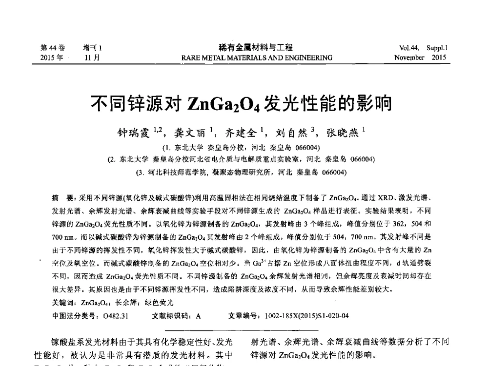 不同锌源对ZnGa2O4发光性能的影响 - 第十八届全国高技术陶瓷学术年会