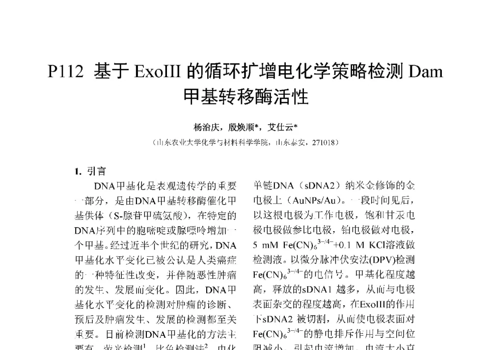 基于ExoⅢ的循环扩增电化学策略检测Dam甲基转移酶活性 - 第十二届全国化学传感器学术会议